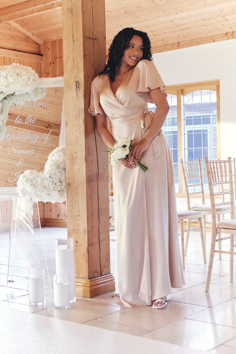 Light Gold Satin Wrap Tie Angel Sleeve Maxi Dress|In The Style Online