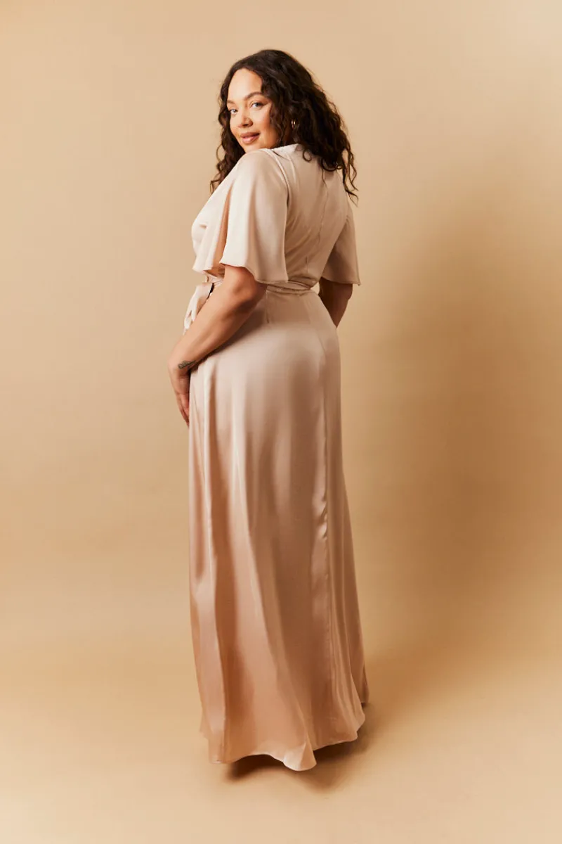 Light Gold Satin Wrap Tie Angel Sleeve Maxi Dress|In The Style Online