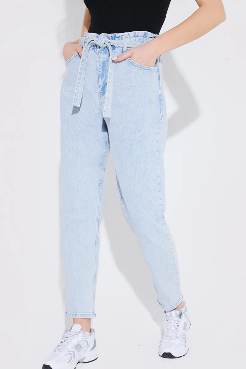 Light Wash Paperbag Tie Waist Jeans|Fits Discount