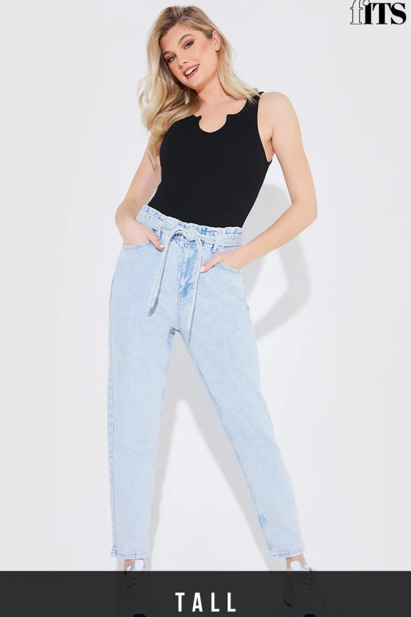 Light Wash Paperbag Tie Waist Jeans|Fits Discount