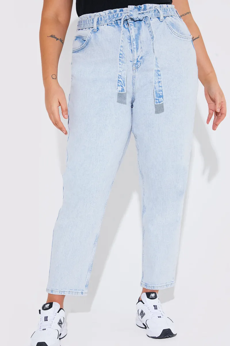 Light Wash Paperbag Tie Waist Jeans|Fits Discount