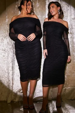 Mesh Bardot Ruched Midi Dress|In the Style Outlet