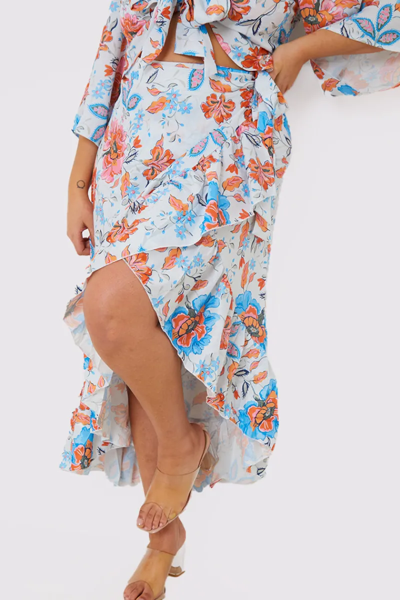 Floral Frill Detail Wrap Maxi Skirt|In the Style