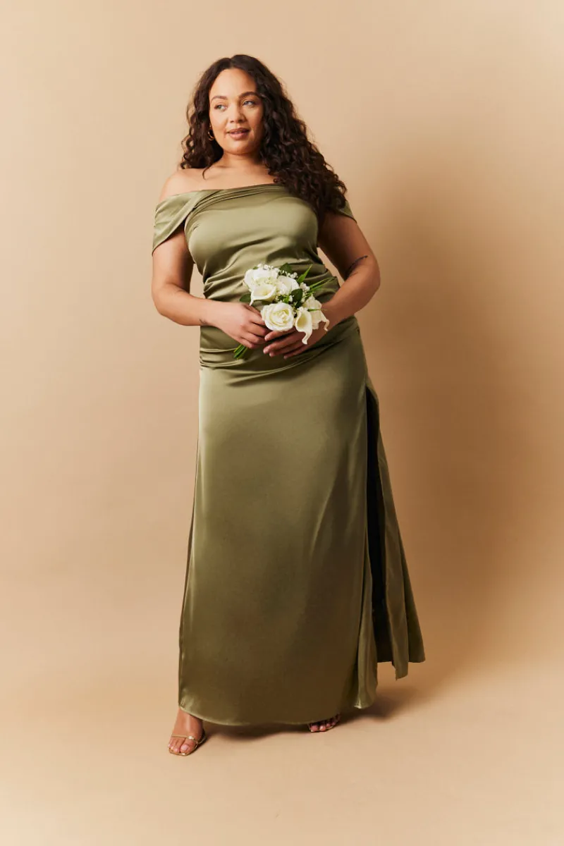 Satin Bardot Ruched Maxi Dress|In The Style New