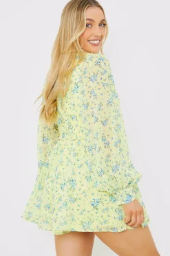 Printed Balloon Sleeve Playsuit|In the Style Online