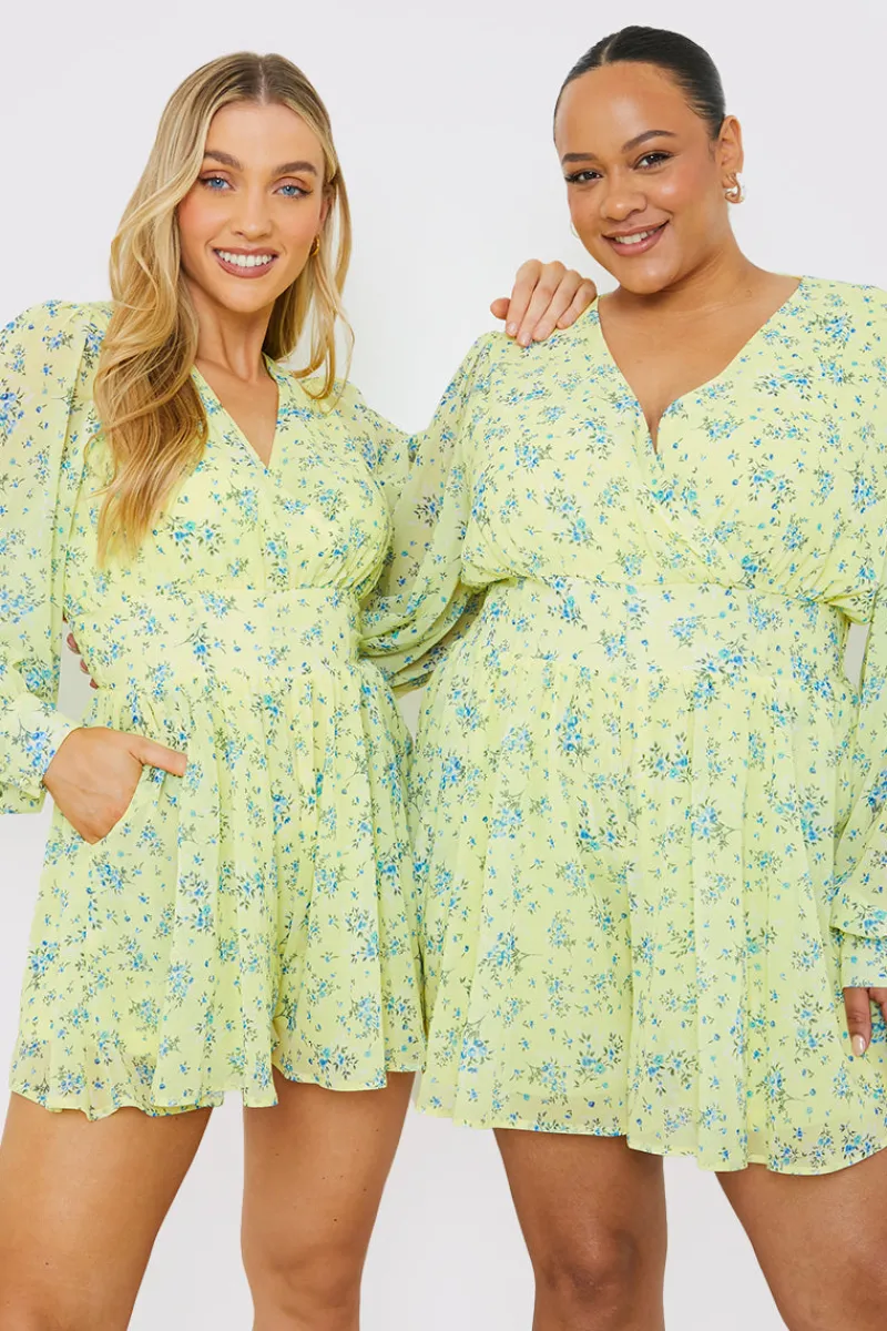 Printed Balloon Sleeve Playsuit|In the Style Online