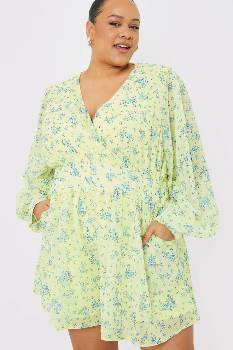 Printed Balloon Sleeve Playsuit|In the Style Online