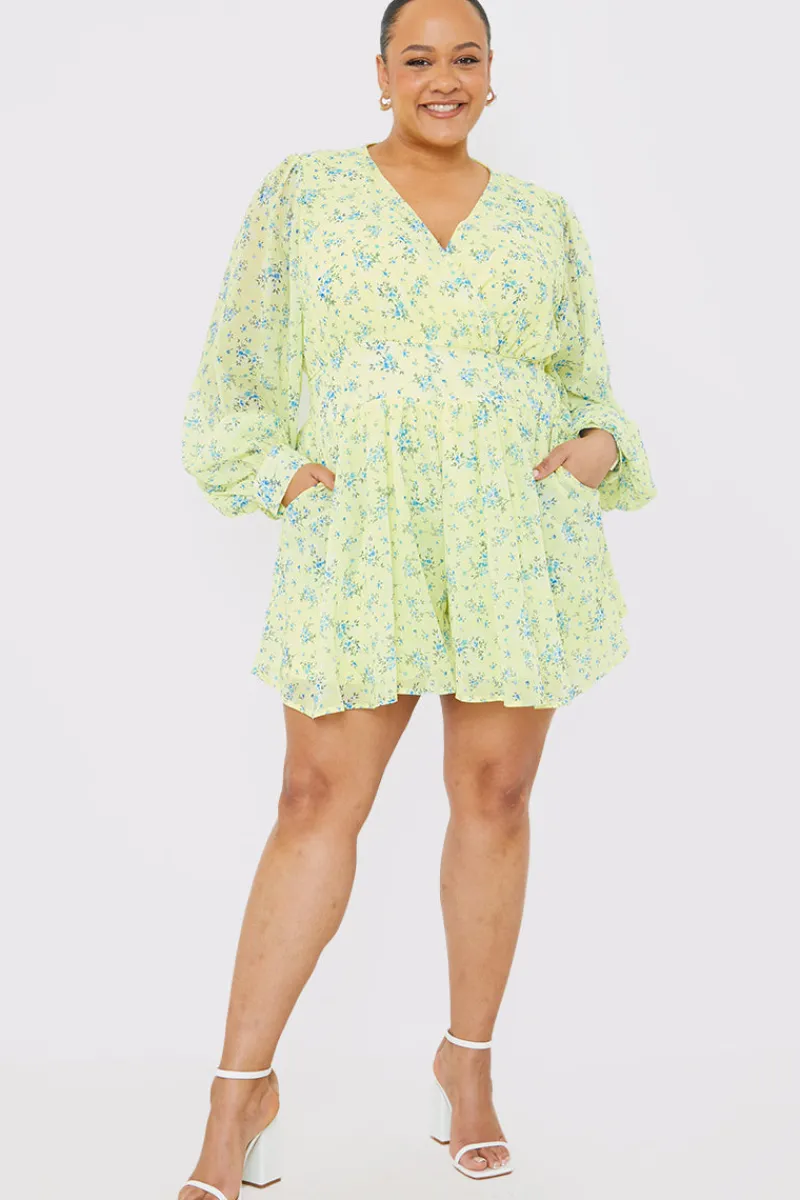 Printed Balloon Sleeve Playsuit|In the Style Online
