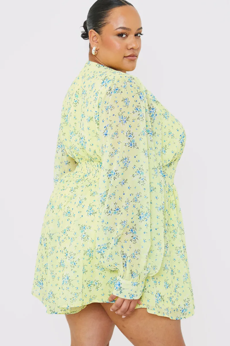 Printed Balloon Sleeve Playsuit|In the Style Online