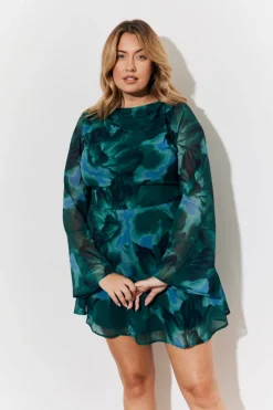 Printed Draped Back Boat Neck Mini Dress|In the Style Discount