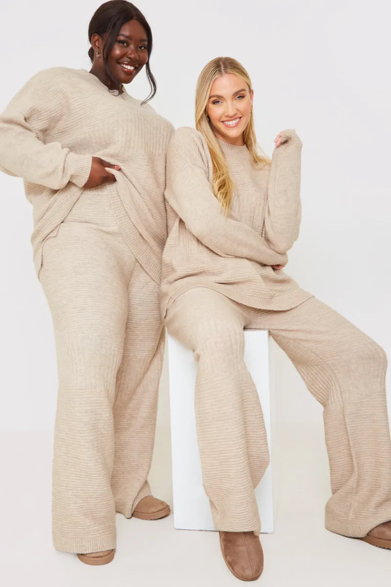 Recycled Contrast Knitted Ribbed Co Ord Wide Leg Trouser|In the Style Hot