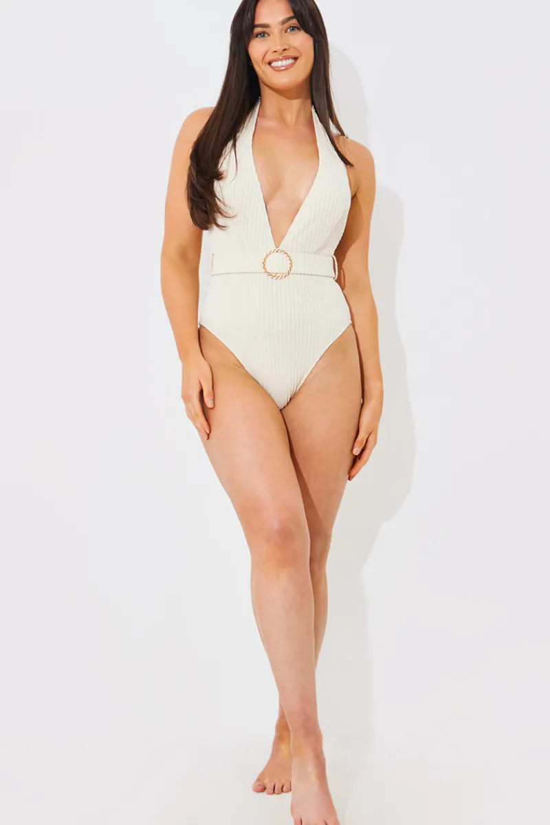 Rib Belted Halterneck Swimsuit|In the Style Clearance
