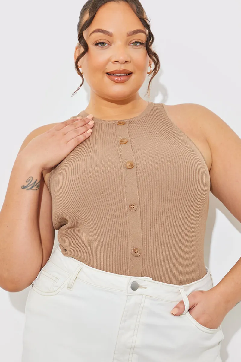 Rib Knit Button Detail Racer Neck Bodysuit|In The Style Outlet