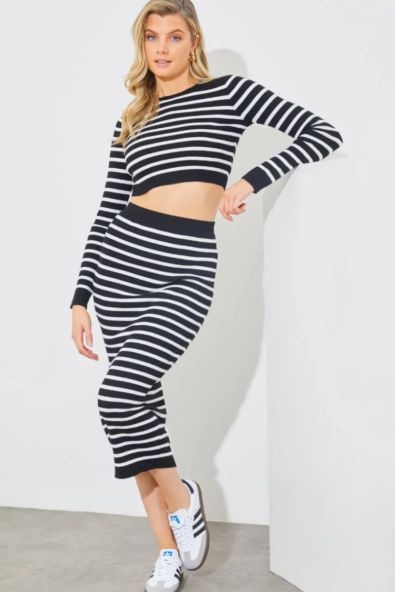 Rib Knit Stripe Crew Neck Co-Ord Top|In The Style New
