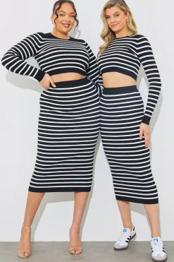 Rib Knit Stripe High Waisted Co-Ord Midi Skirt|In The Style Best