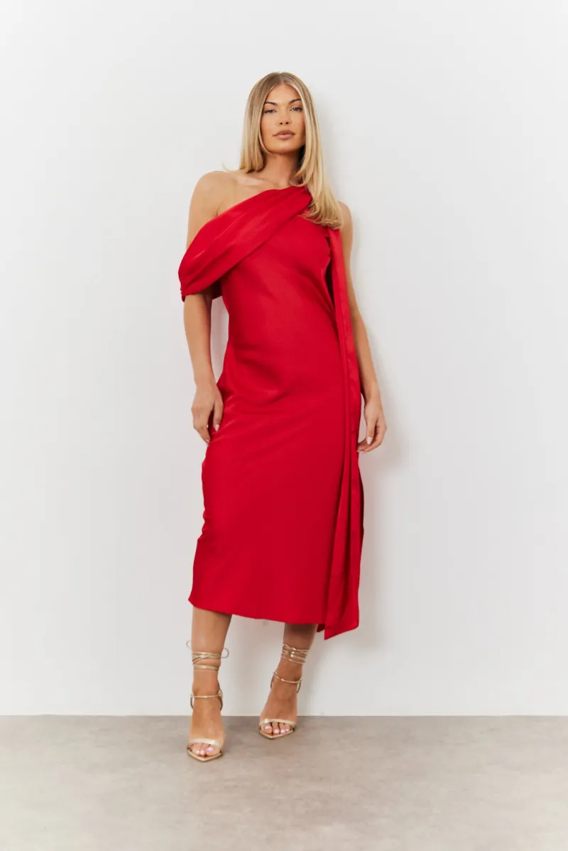 Satin Asymmetric Draped Neckline Midi Dress|In The Style Sale