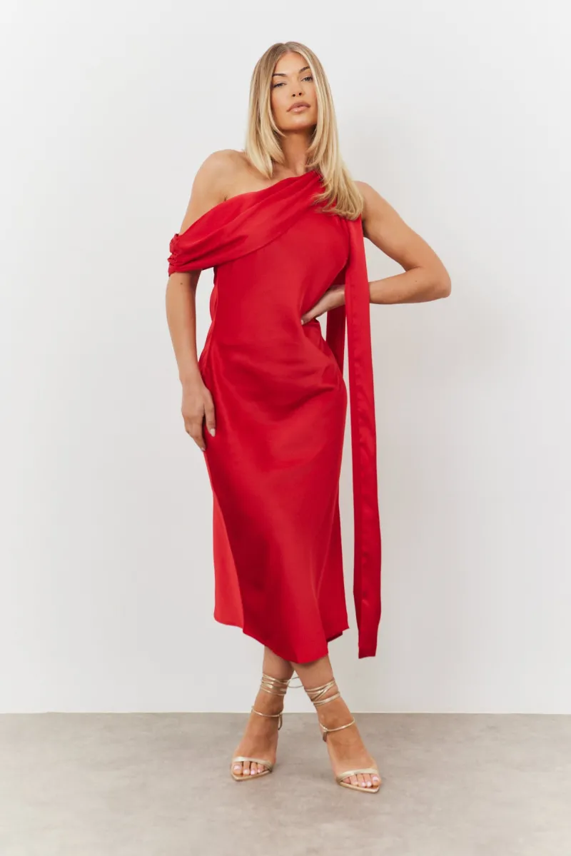 Satin Asymmetric Draped Neckline Midi Dress|In The Style Sale