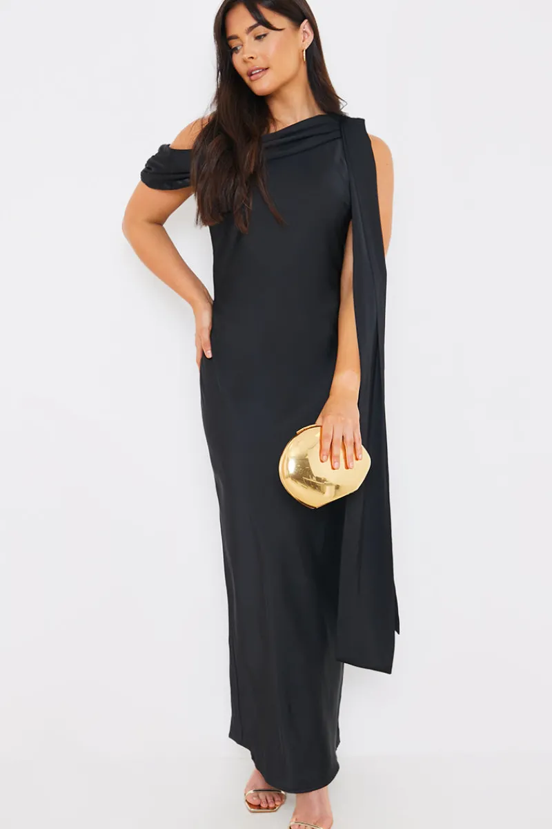Satin Asymmetric Draped Neckline Maxi Dress|In The Style Clearance