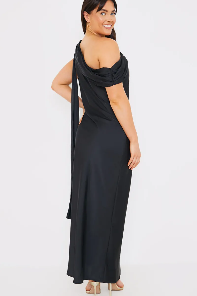 Satin Asymmetric Draped Neckline Maxi Dress|In The Style Clearance