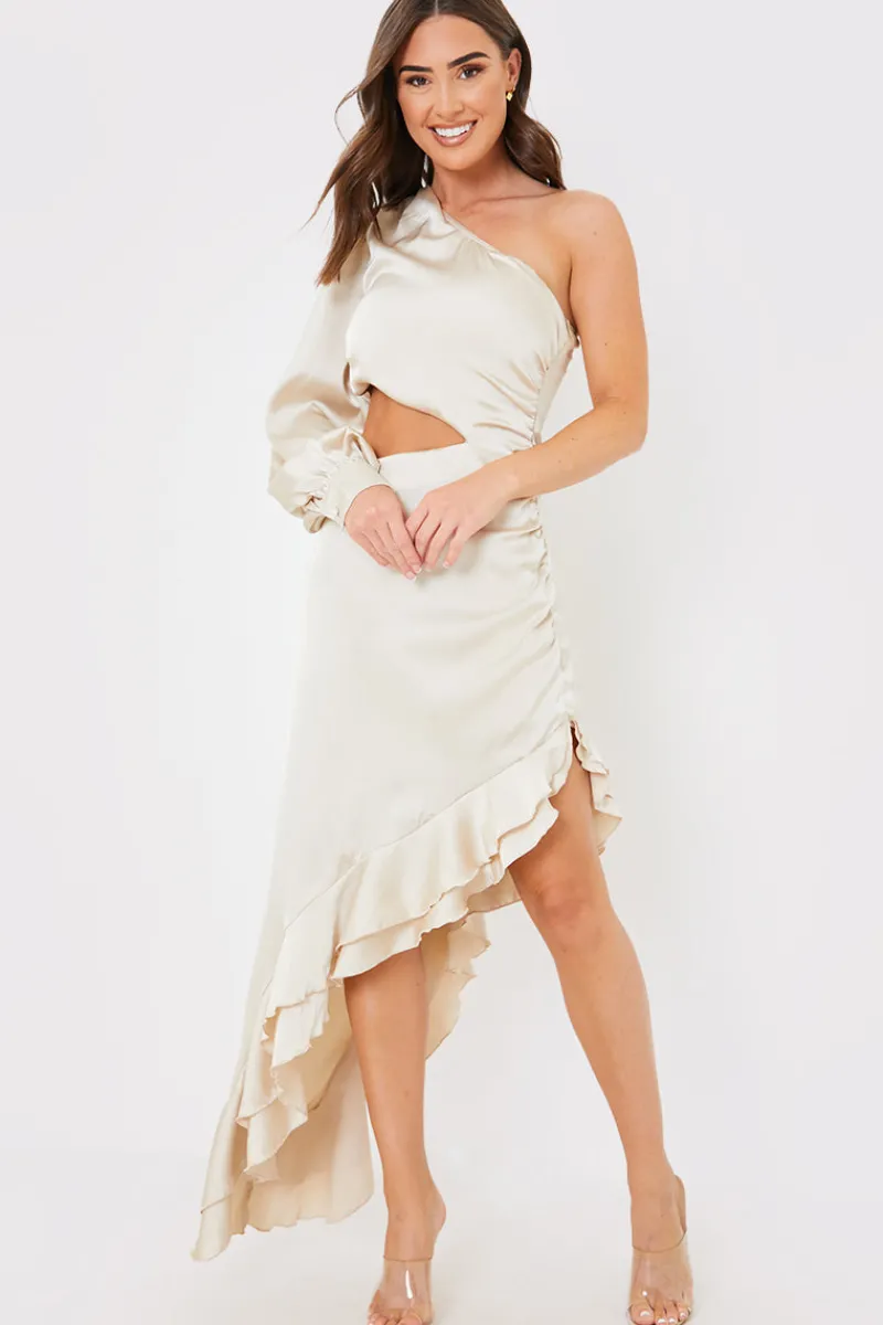Satin Asymmetric Frill Maxi Dress|In the Style
