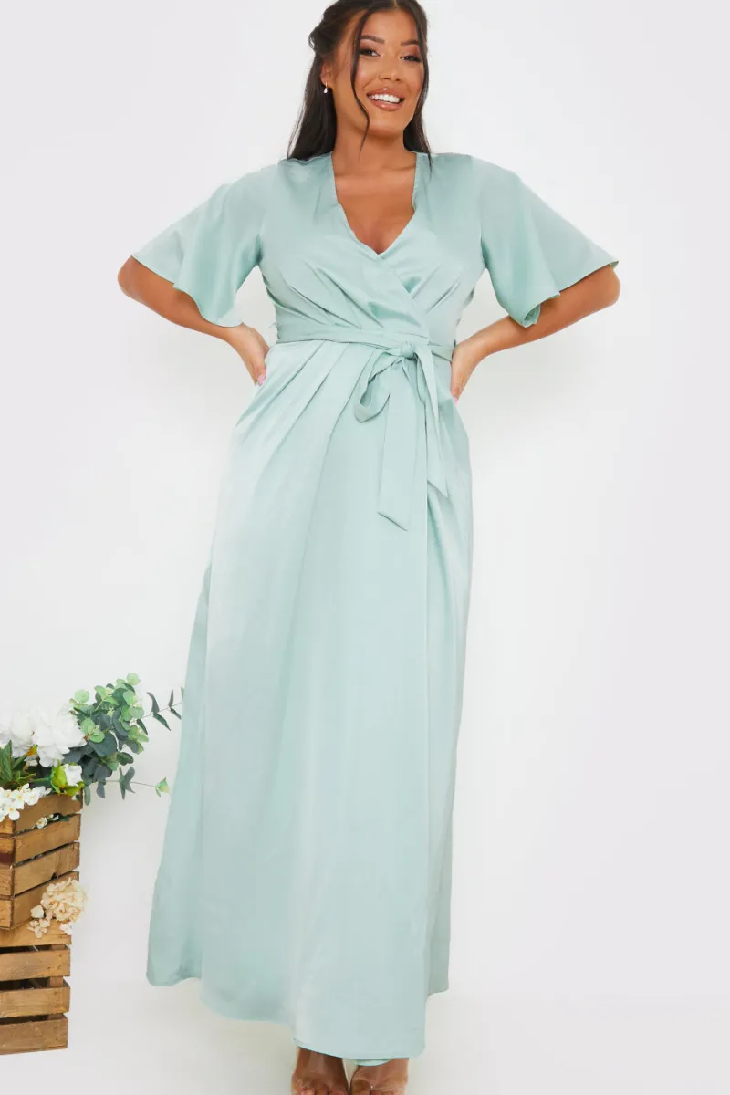 Satin Flutter Sleeve Tie Waist Wrap Dress|In The Style