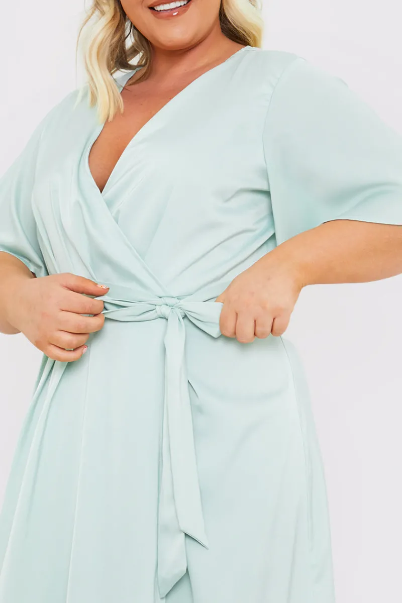Satin Flutter Sleeve Tie Waist Wrap Dress|In The Style