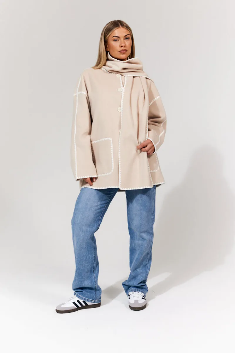 Scarf Detail Contrast Stitching Wool Blend Coat|In the Style Clearance
