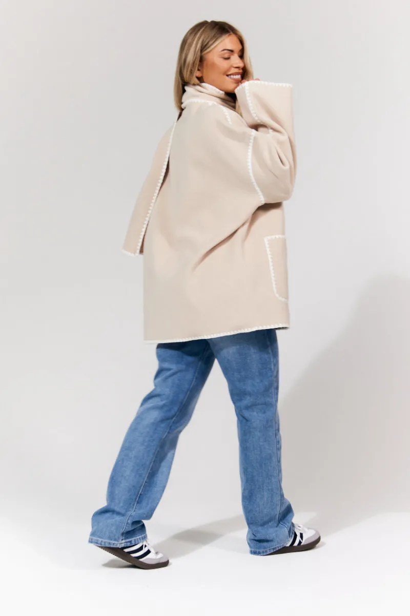Scarf Detail Contrast Stitching Wool Blend Coat|In the Style Clearance