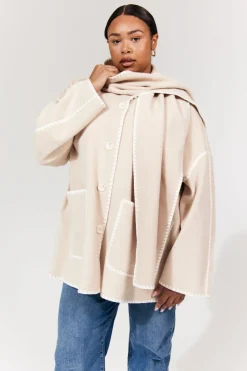 Scarf Detail Contrast Stitching Wool Blend Coat|In the Style Clearance