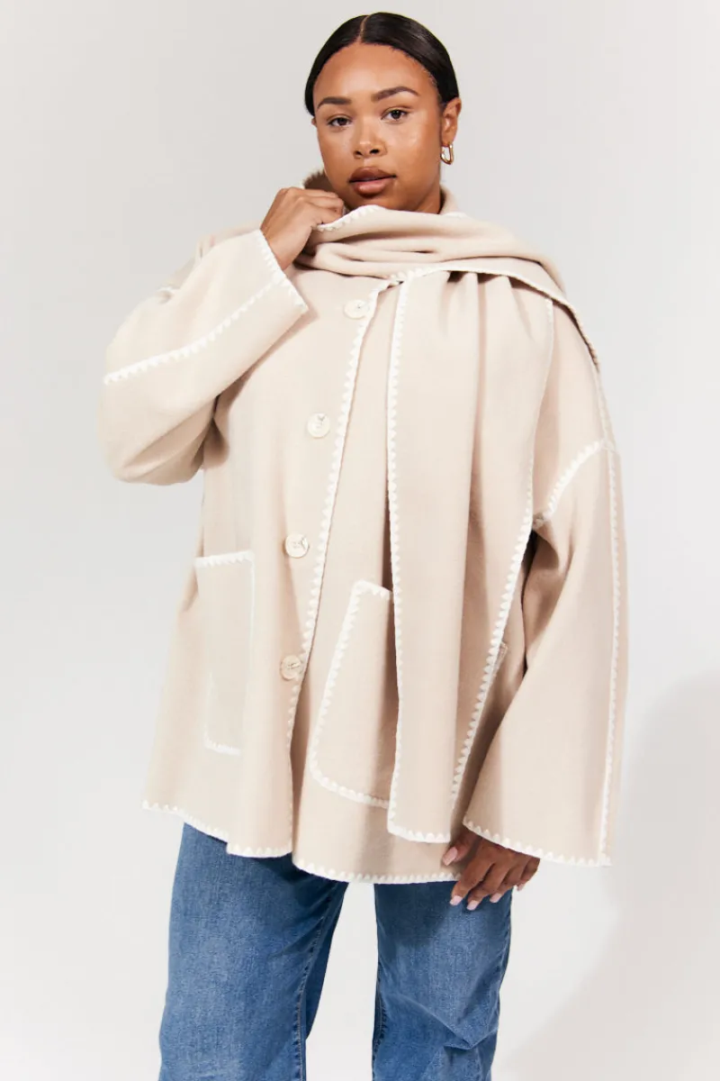 Scarf Detail Contrast Stitching Wool Blend Coat|In the Style Clearance