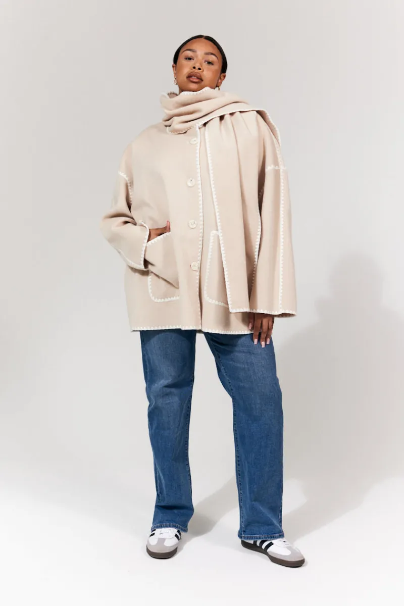 Scarf Detail Contrast Stitching Wool Blend Coat|In the Style Clearance