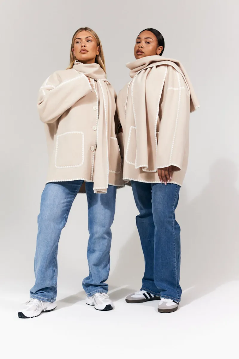 Scarf Detail Contrast Stitching Wool Blend Coat|In the Style Clearance