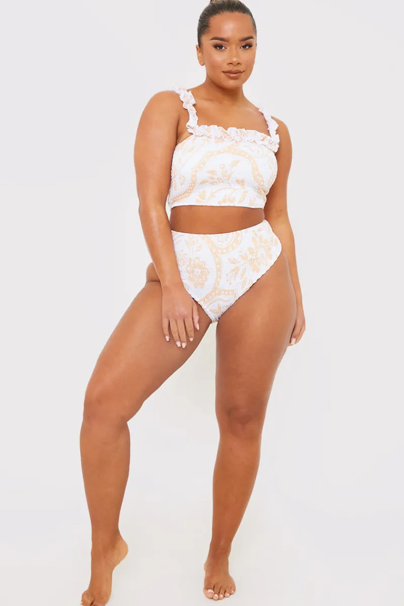Scarf Print Ruffle Bardot Shirred Bikini Top|In the Style