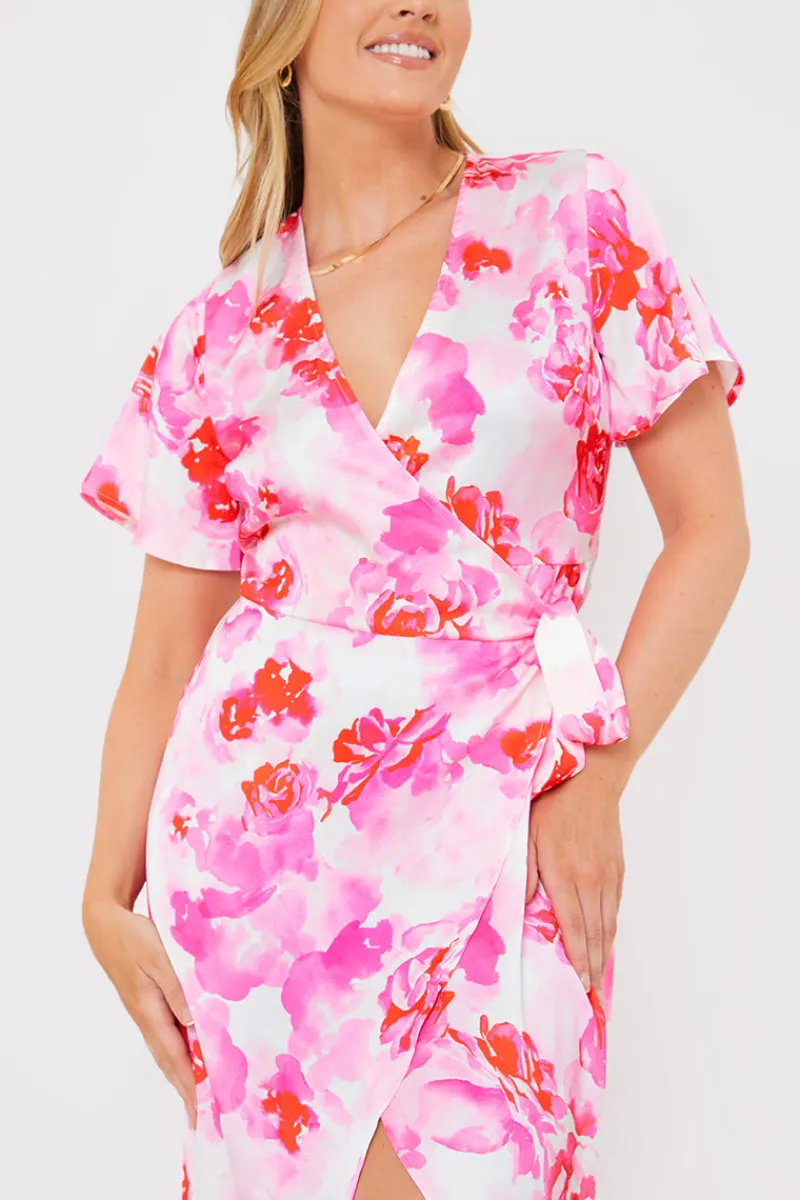 Short Sleeve Satin Wrap Belted Midaxi Dress|In the Style Outlet