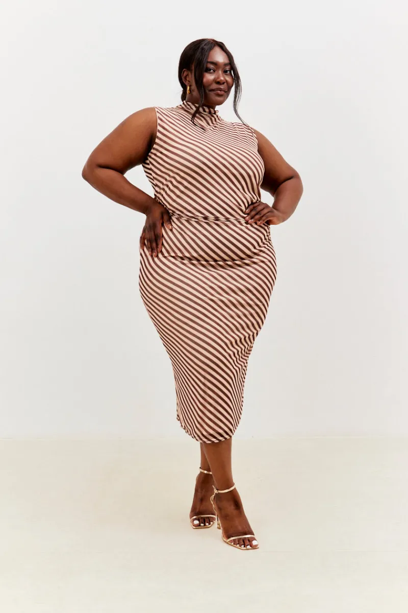 Stripe Printed Mesh Bodycon Midaxi Dress|In the Style Best