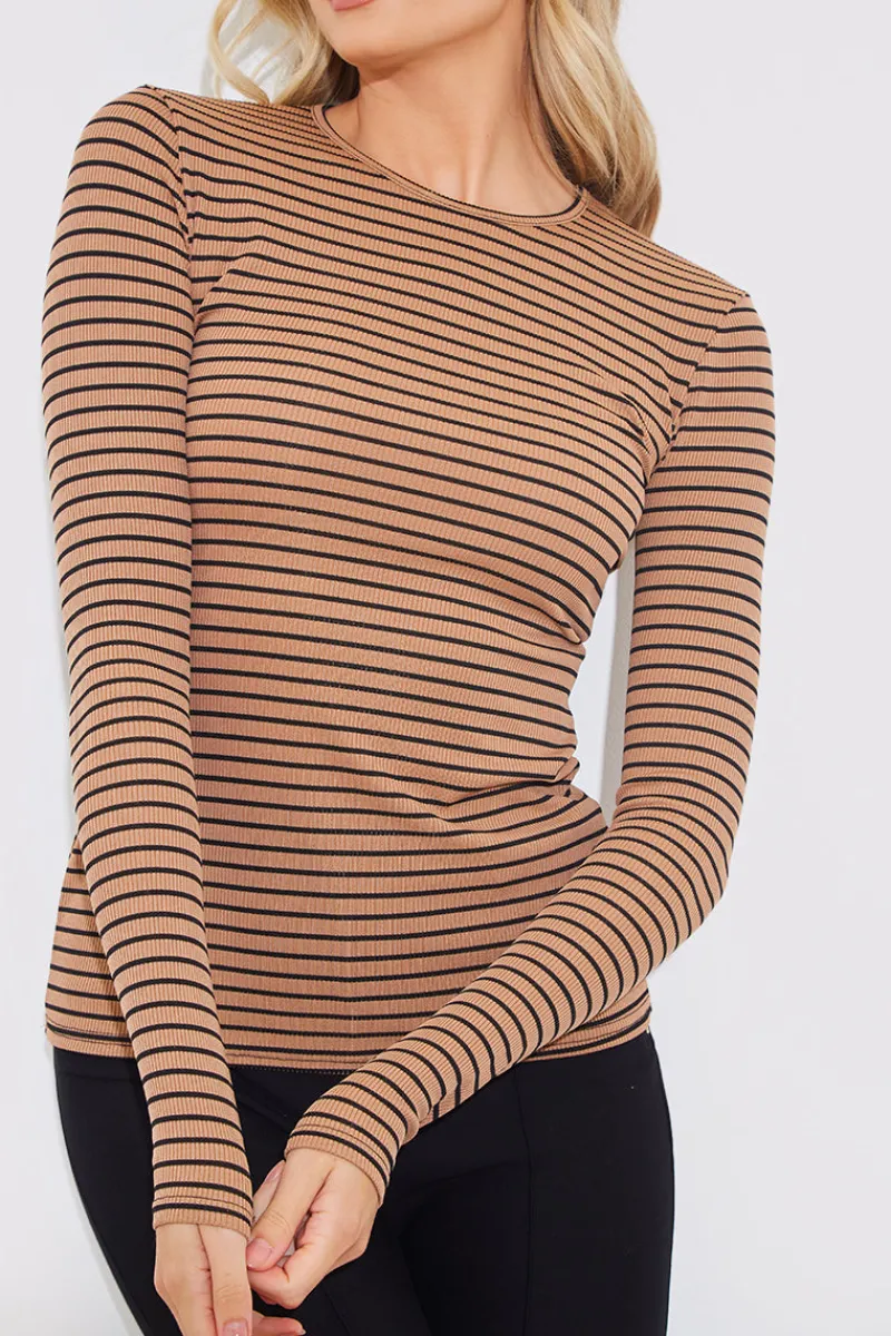 Striped Ribbed Long Sleeve Top|In the Style Sale