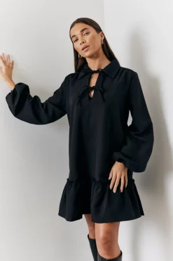 Tie Detail Balloon Sleeve Smock Dress|In the Style Online