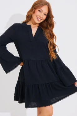 Trim Detail Tiered Long Sleeve Smock Dress|In the Style Best
