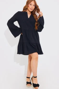 Trim Detail Tiered Long Sleeve Smock Dress|In the Style Best