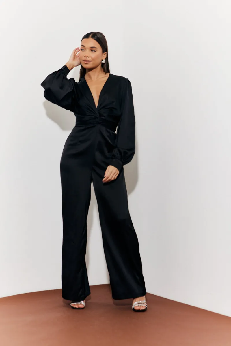 Twist Front Detail Wide Leg Satin Jumpsuit|In the Style Outlet