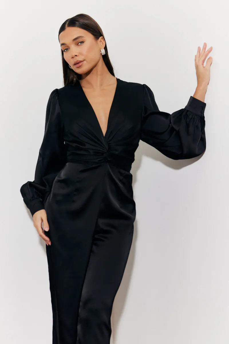 Twist Front Detail Wide Leg Satin Jumpsuit|In the Style Outlet
