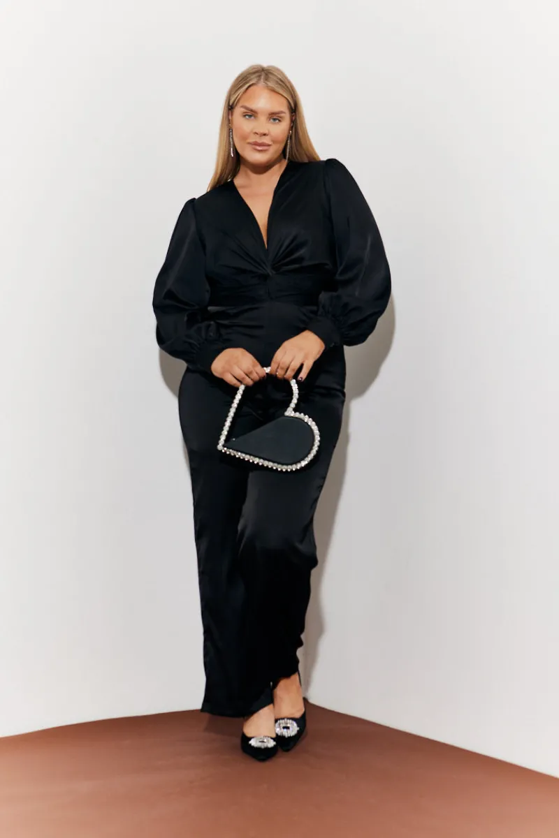 Twist Front Detail Wide Leg Satin Jumpsuit|In the Style Outlet