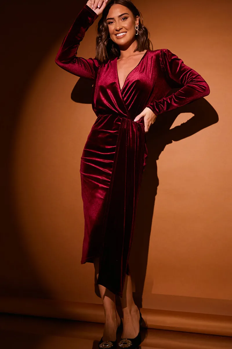 Velvet Wrap Front Drape Midi Dress|In the Style Clearance