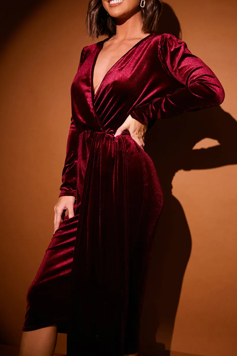 Velvet Wrap Front Drape Midi Dress|In the Style Clearance