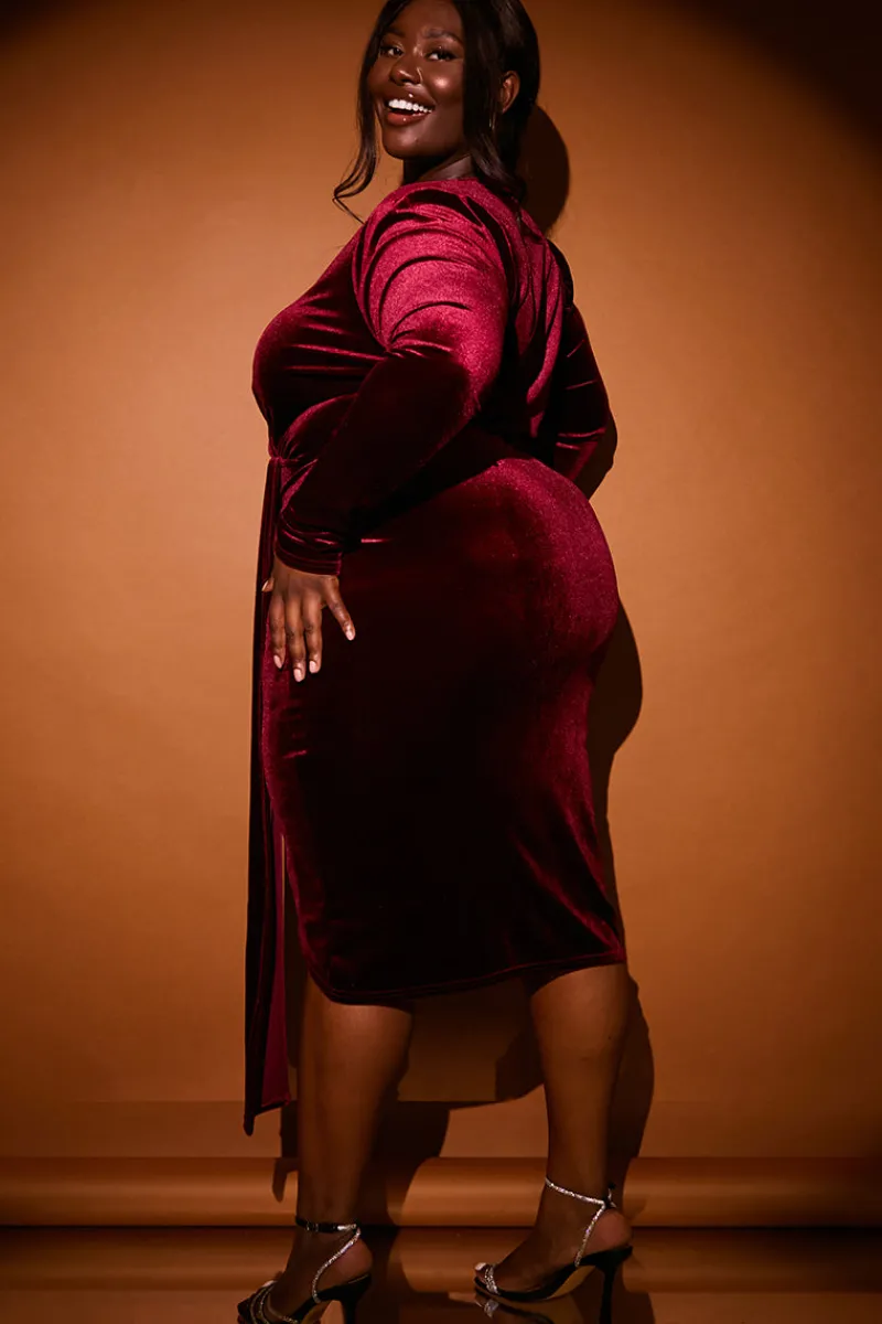 Velvet Wrap Front Drape Midi Dress|In the Style Clearance