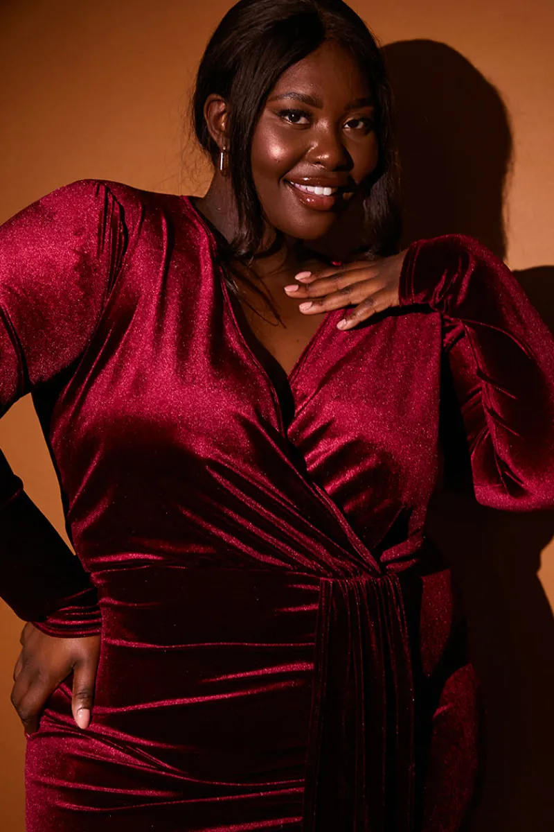 Velvet Wrap Front Drape Midi Dress|In the Style Clearance