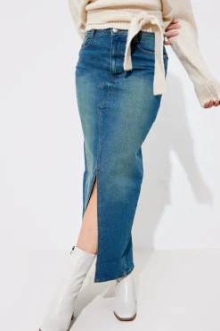 Vintage Wash Split Detail Denim Maxi Skirt|In The Style Hot
