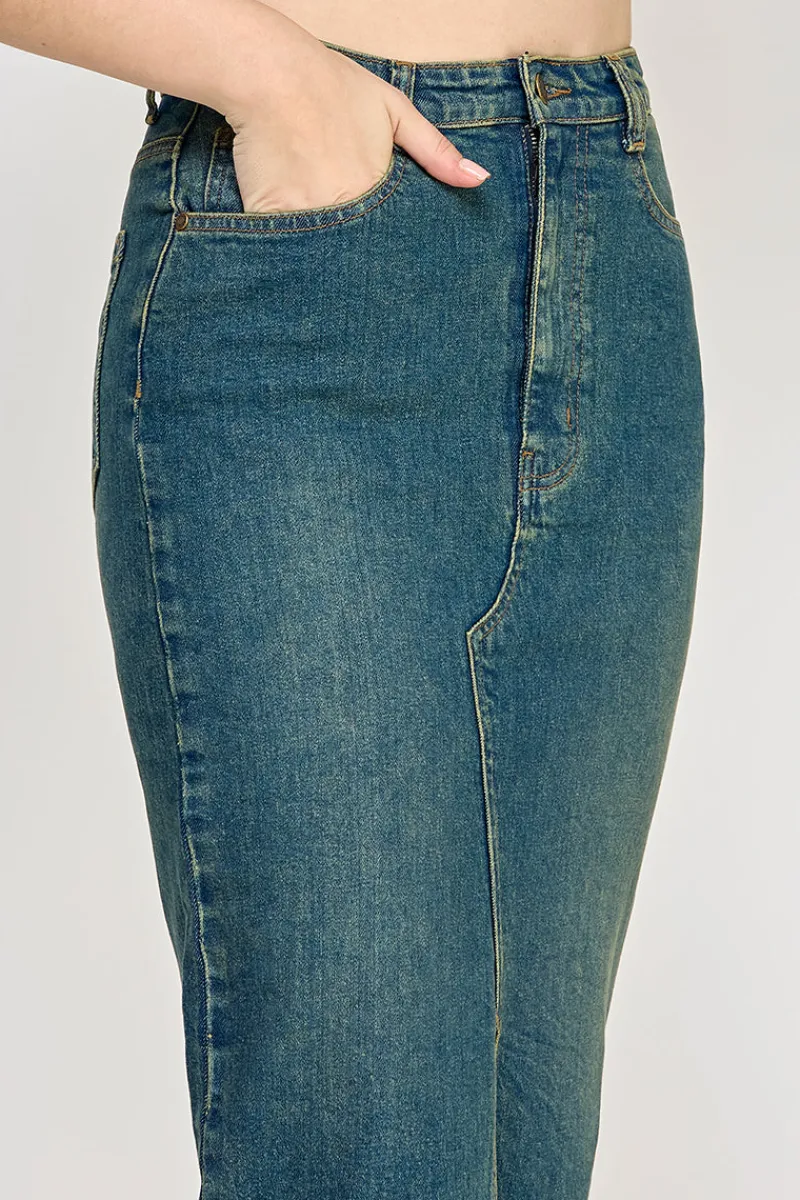 Vintage Wash Split Detail Denim Maxi Skirt|In The Style Hot