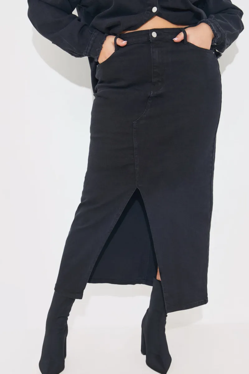 Washed Split Detail Denim Maxi Skirt|In The Style New