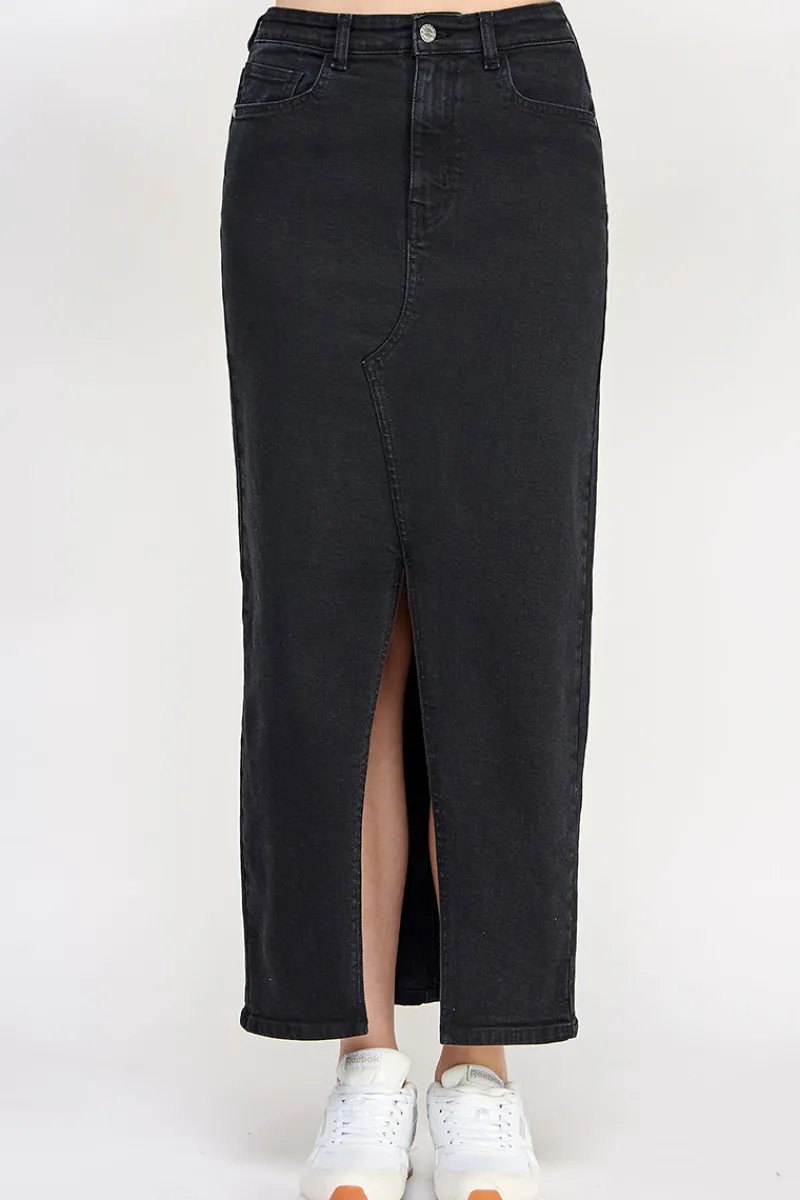 Washed Split Detail Denim Maxi Skirt|In The Style New